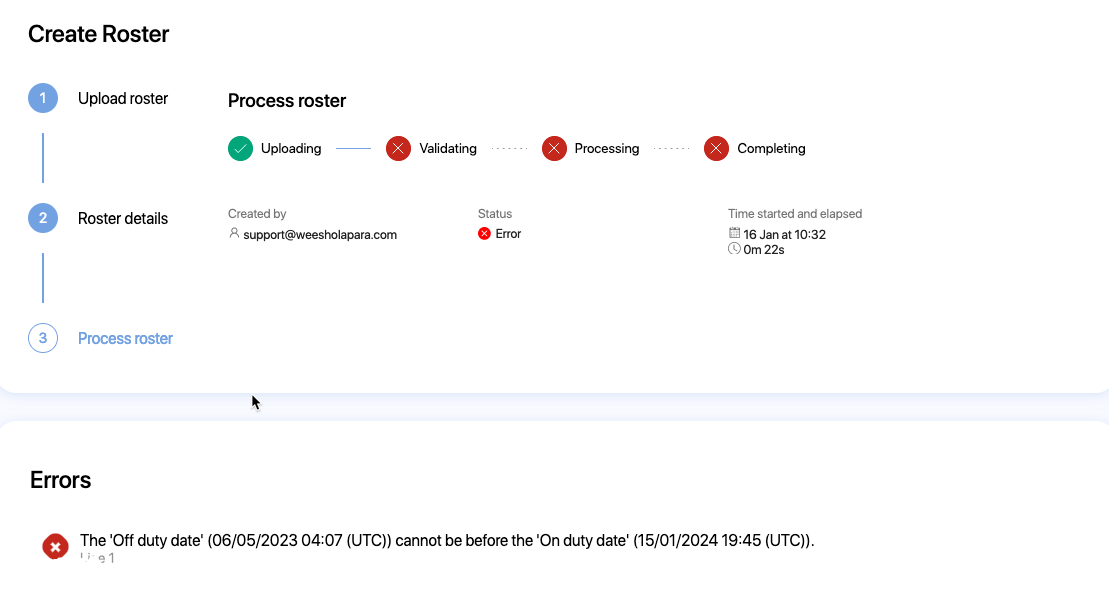 Errors when attempting to upload ineligible duty data